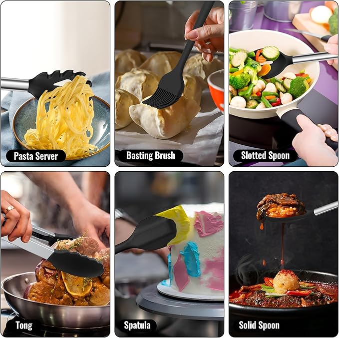 E-far 14 Pieces Silicone Cooking Utensils Set, Kitchen Utensils Set with Holder, Spatula, Ladle, Spoon, Tong, Slotted Turner for Nonstick Cookware, Heat Resistant & Stainless Steel Handle, Black