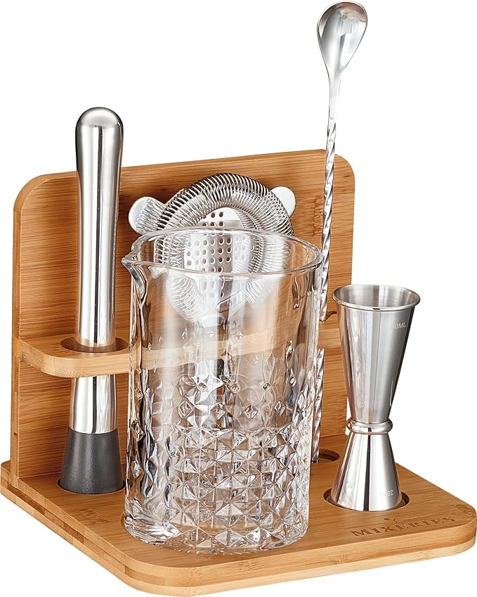 Crystal Cocktail Mixing Glass Set with Bamboo Stand - 22 Oz 650ml - Thick and Sturdy Bottom, Durable and Seamless Design with Bar Accessories Gift Set