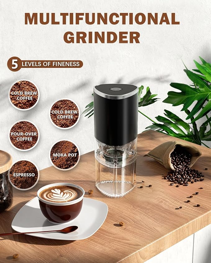 Portable Electric Coffee Grinder，Automatic Coffee Grinder with USB Type-C wireless charging design，Adjustable Coarse to Fine for coffee beans, grains, cleaning brush + cable Includes (black)