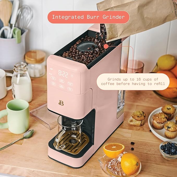 Beautiful Perfect Grind Programmable Single Serve Coffee Maker with Touch Display and Integrated Burr Grinder, Auto Coffee Strength Selection, 64oz Water Reservoir (Rose)