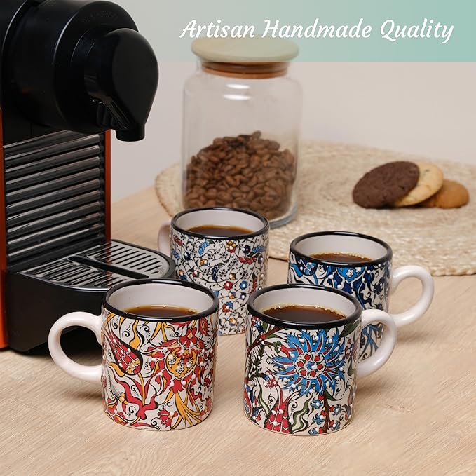 Ceramic Espresso Cups, 5 Oz Espresso Cups Set of 4, Handmade Espresso Cup, 2.75 Inch Espresso Mugs, Multicolor Demitasse Cups, Microwave & Dishwasher Safe Espresso Mugs, Coffe Mug (IZNIK CARNATION)