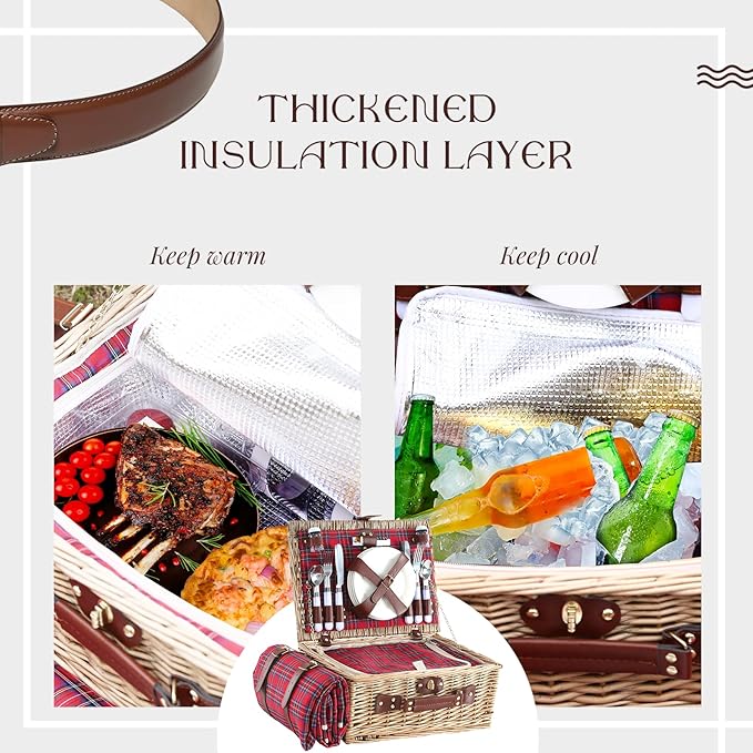 Picnic Basket Set for 4 with Waterproof Blanket Mat Insulation Bag Wicker Classic Vintage Retro Red Plaid Gift for Wedding Birthday Summer Camp Outdoor Camping Beach Travel Christmas