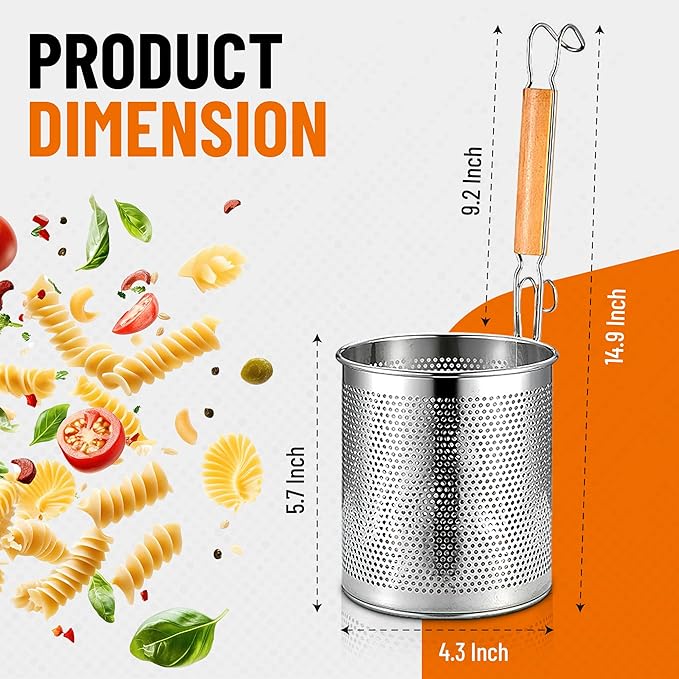 1 Pack Pasta Basket, Stainless Steel Mesh Noodle Strainer Basket with Wooden Handle, for Boiling Food, Pasta, Noodles, Dumpling, Ramen, 4.3''D x 5.7''H
