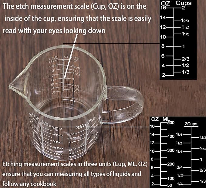 Ackers Mirror Etching Scale Glass Measuring Cup-[Insulated handle | V-Shaped Spout]-Made of High Borosilicate Glass Measuring Cup for Kitchen or Restaurant, Easy to Read, 500 ML (16 Oz, 2 Cup)
