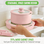 GreenLife 10 Piece Nonstick Pots & Pans Set, Detachable Handle & Stackable Cookware Set, Non Toxic PFAS-Free Skillets, Induction Kitchen Pans, Space Saving, Serving Bowls, Oven Safe, Light Pink