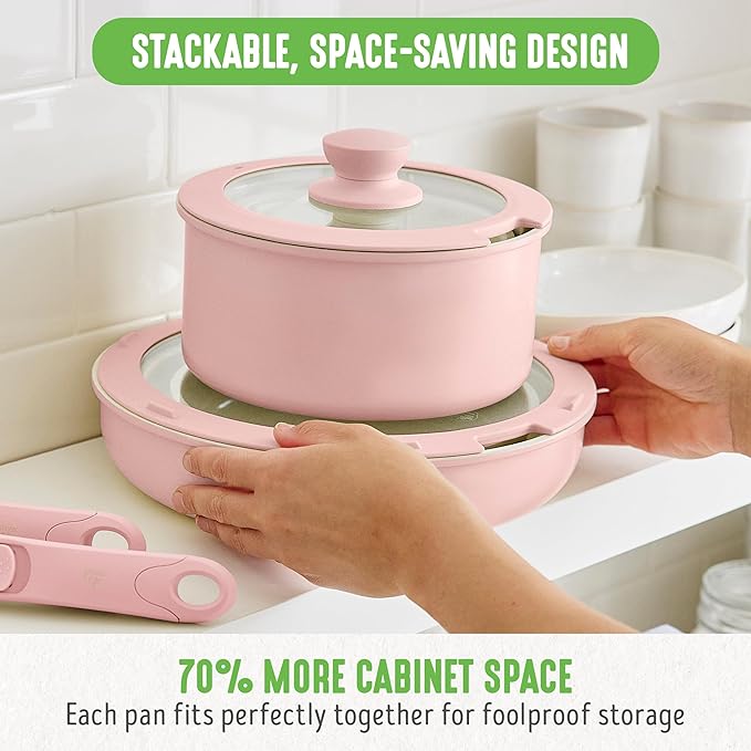 GreenLife 10 Piece Nonstick Pots & Pans Set, Detachable Handle & Stackable Cookware Set, Non Toxic PFAS-Free Skillets, Induction Kitchen Pans, Space Saving, Serving Bowls, Oven Safe, Light Pink