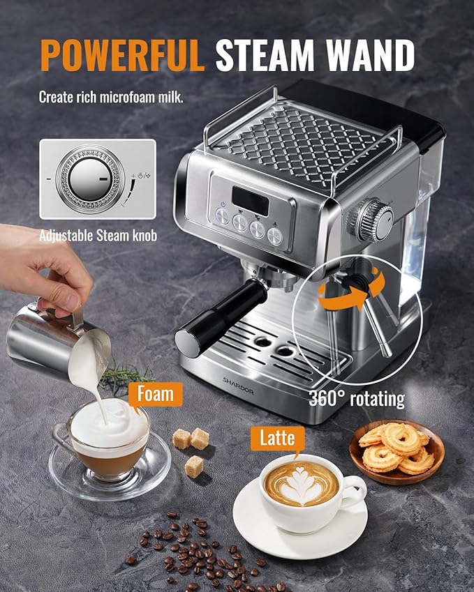 SHARDOR 20-Bar Espresso Machine for Home Barista, Built-In Steam Wand for Latte & Cappuccino, Stainless Steel Coffee Maker with Temp Display, 1350W, 60oz Water Reservoir