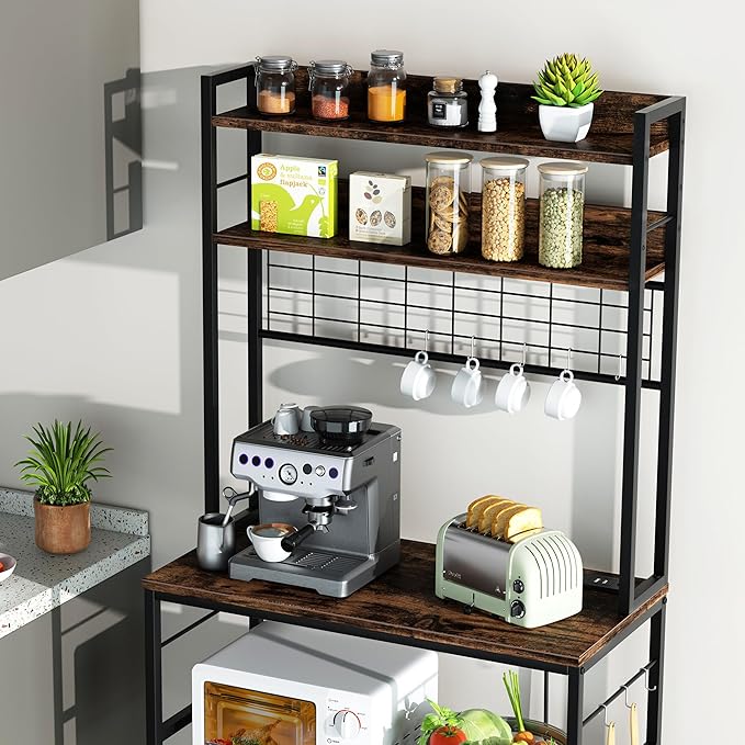 Shintenchi Bakers Rack with Power Outlet, Large Storage Space, 10 Hooks Coffee Bar with Metal Wire Panel, High Microwave Stand, Classic Kitchen Storage Shelf Design, Vintage Brown