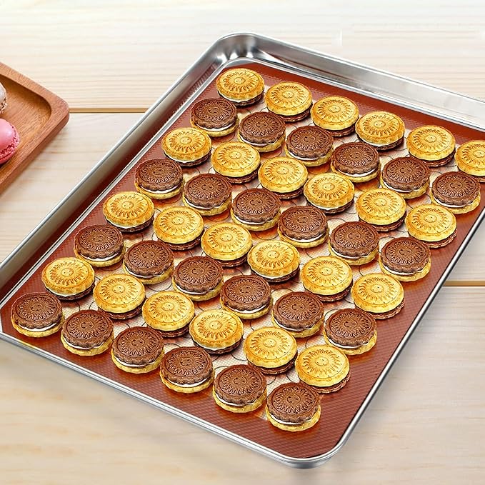 Baking Sheet with Silicone Mat Set of 4, Stainless Steel Cookie Sheet Baking Pan Tray with Silicone Mat, Non Toxic & Heavy Duty & Easy Clean - Size of 17½ inch