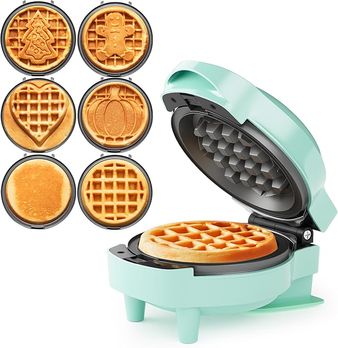 Sunvivi 4" Mini Waffle Maker: 6 in 1 Waffle Iron, Waffle Maker with Removable Plates 6pc, non-stick plates easy to clean, Mini Pancake Maker for Kids, Chaffle maker, Pizzelle iron