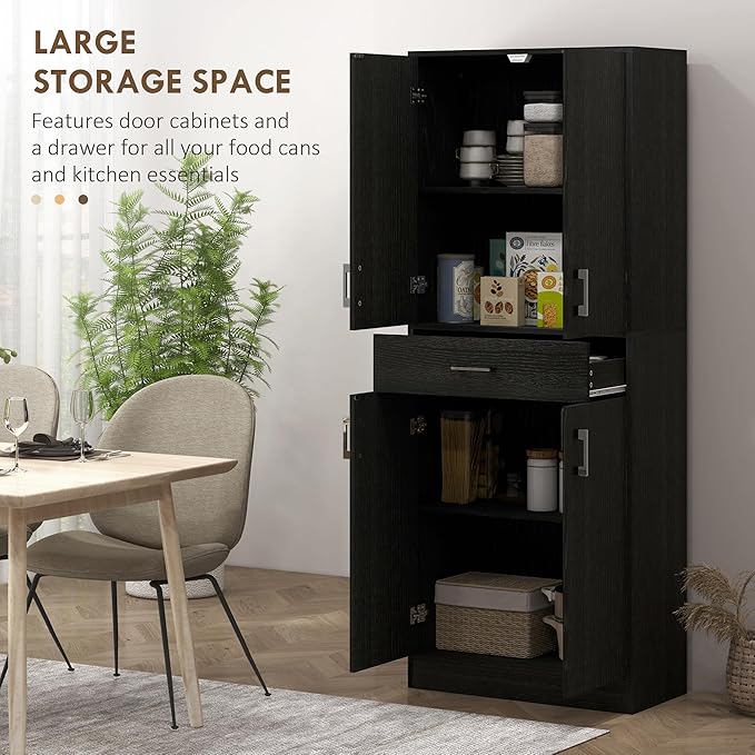 HOMCOM 71" Kitchen Pantry Cabinet with Drawer and Adjustable Shelf, Freestanding Tall Storage Cabinet with 2 Double Door Cupboards, Distressed Black
