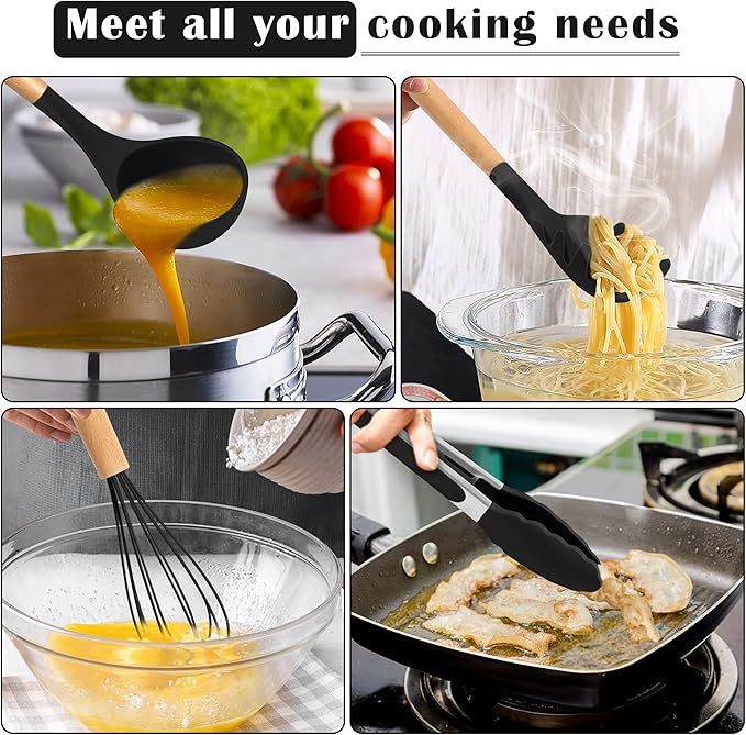 E-far Silicone Cooking Utensils Set, 10-Piece Black Kitchen Utensils Set with Wooden Handle for Nonstick Cookware, Heat Resistant Kitchen Nonstick Tools Spatula Whisk Tongs Ladle, Non-toxic & Healthy