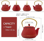 Small Cast Iron Tea Kettle for Stovetop Safe, Red Tea Pot Coated with Enameled Interior, Durable Teapot with Stainless Steel Infuser for Loose Leaf (1000ml/34oz)