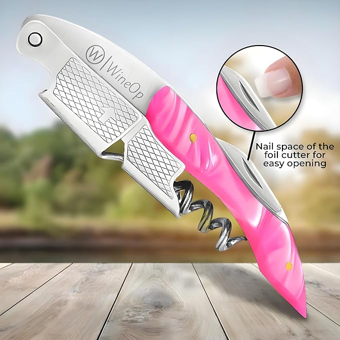 WineOp Professional Wine Opener Luxury Double Hinged Waiter's Corkscrew Wine Bottle Key - Cork screwer for Servers, Bartenders, Sommelier and Home Use | All-In-One Stainless Steel (Pink Resin)