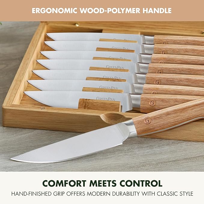 GreenPan Elite 8 Piece Steak Knife Set, Professional Stainless Steel Blades with Titanium Coating, Ultra-Sharp Dining Knives, Kitchen Cutlery, Ergonomic Wood Handles, Wooden Storage Box