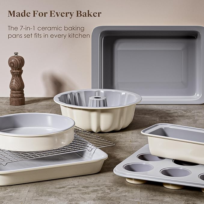 VONIKI Ceramic Baking Pans Set, 7 PCS Nonstick Bakeware Sets Baking Sheets For Oven Baking Set With Cookie Sheet, Cake Pan, Loaf Pan, Muffin Pan, Roaster Pan, Cooling Rack - Nontoxic Baking Supplies