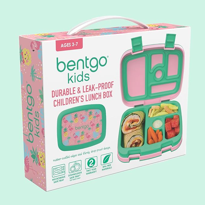 Bentgo Kids Prints Leak-Proof, 5-Compartment Bento-Style Kids Lunch Box - Ideal Portion Sizes for Ages 3-7, Durable, Drop-Proof, Dishwasher Safe, & PFAS & BPA-Free Materials (Tropical)