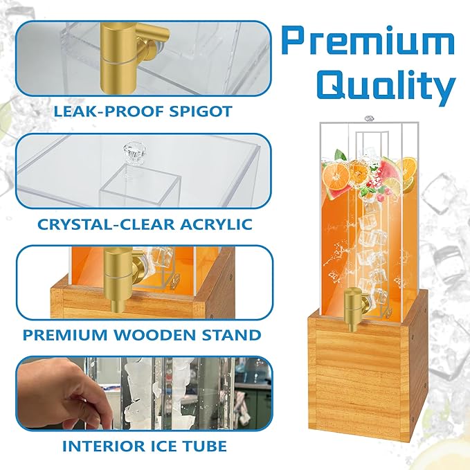 Beverage Dispenser with Stand, 2 Gallon Drink Dispenser, Drink Dispensers for Parties, Individual Ice Container (Wood)