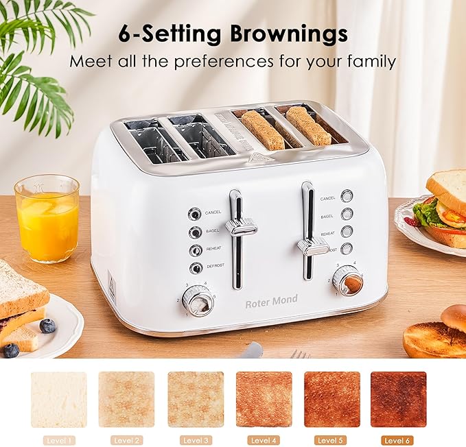 Roter Mond Toaster 4 Slice Retro Stainless Steel with Extra Wide Slots Bagel, Defrost, Reheat Function, Dual Independent Control Panel, Removable Crumb Tray, 6 Browning Levels, White