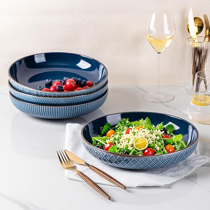 GBHOME 9.5'' Large Pasta Bowls, 42 Ounce Stoneware Salad Bowls for Kitchen, Ceramic Serving Bowls With Textured Pattern for Pasta,Fruit, Stews,Noodle, House-warming Gift, Set of 4-Moonlight Blue