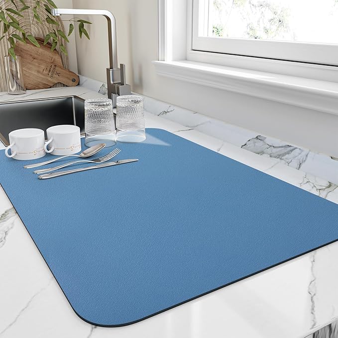 Dish Drying Mat for Kitchen Counter, Heat Resistant Drainer Mats with Non-slip Rubber Backed, Hide Stain Kitchen Super Absorbent Draining Mat, Easy to Clean Dish Rack Pad, Blue 18"x24"