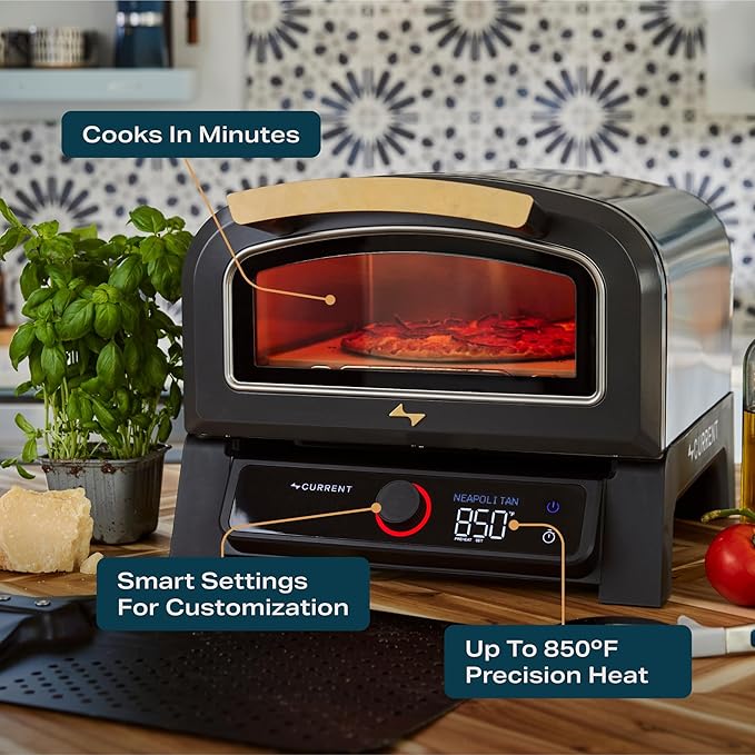 Current® Model P Smart Electric Pizza Oven, 12-Inch, 850°F Max, Multiple Cooking Modes, App Connectivity for Temperature Monitoring & Custom Cooking Times, Compact for Indoor & Outdoor Use, Dark Gray