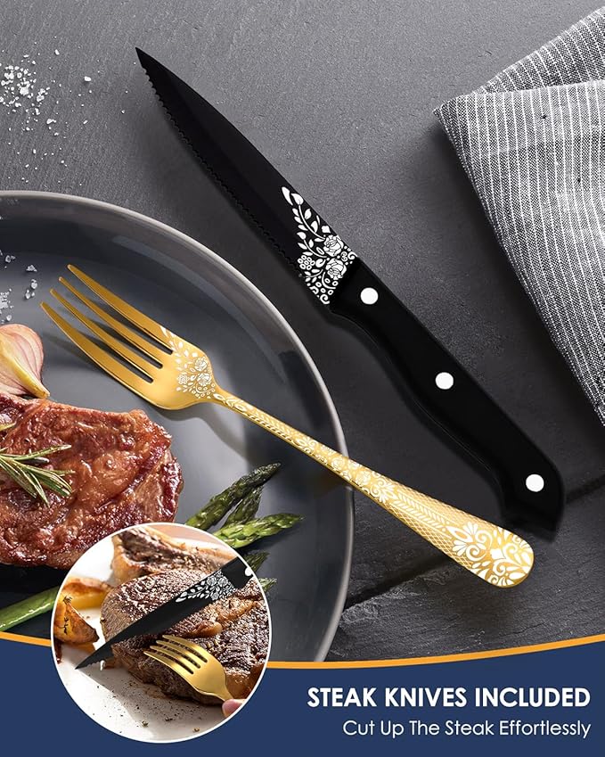 EUIRIO 48-Piece Gold Silverware Set with Steak Knives, Gold Flatware Set for 8, Stainless Steel Cutlery, Knives, Forks and Spoons, Unique Pattern Design, Mirror Polish, Dishwasher Safe