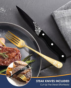 EUIRIO 48-Piece Gold Silverware Set with Steak Knives, Gold Flatware Set for 8, Stainless Steel Cutlery, Knives, Forks and Spoons, Unique Pattern Design, Mirror Polish, Dishwasher Safe