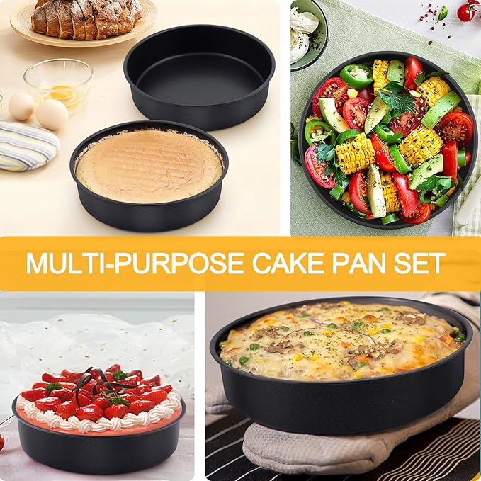 LIANYU 8 x 2 Inch Round Cake Pan Set of 3, Stainless Steel Black Nonstick Cakes Pans for Birthday Baking Wedding, Come with 90 Pieces Parchment Paper & Side Liner Roll, Dishwasher Safe