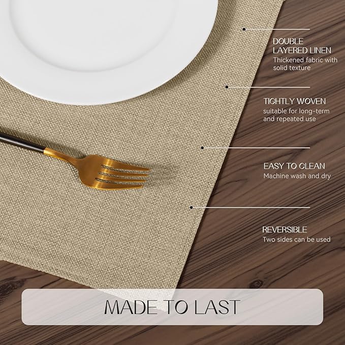 Romanstile Cloth Placemats Set of 8-12 x 18 Inch, Heat Resistant Double Layered Thickened Burlap Place Mats, Washable Faux Linen Farmhouse Table Mats for Kitchen/Dining/Party/Outdoor, Khaki
