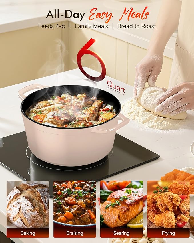 Nuwave 6QT Healthy Enameled Cast Iron Dutch Oven Pot with Lid, Heavy Duty 7-Layer Enamel, Enhanced Rust Protection, Dual Handles, Oven Safe to 500°F for Sourdough Bread Baking, Braise, Stew, Roast