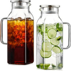 Netany 2 Pack 2 Liters/68 oz Square Glass Pitcher with Lid and Handle for Fridge, Iced Tea and Coffee Carafe Beverage Serveware, Heat Resistant Borosilicate Water Jug for Hot/Cold Drinks and Milk
