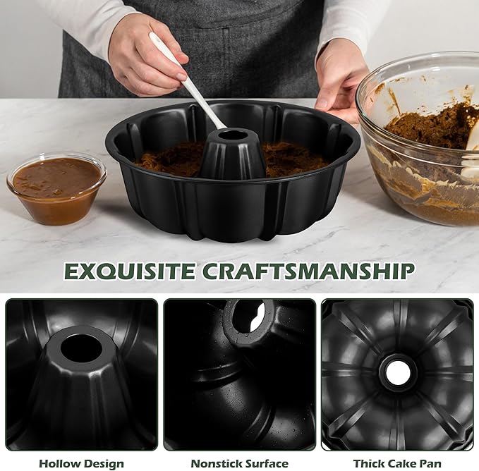 E-far 2 Packs Tube Cake Pan, 10 Inch Nonstick Fluted Pan for Baking Pound Cake, Heavy Duty Carbon Steel Round Baking Mold, Easy Release & Easy to Clean, 10 Cup, Black