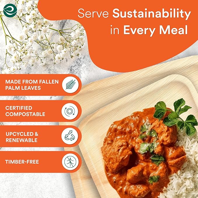 ECO SOUL Compostable 7 & 10 Inch Palm Leaf Square Plates (100 Count) Like Bamboo Plates | Biodegradable | Eco-Friendly, Microwave & Oven Safe - Party Pack