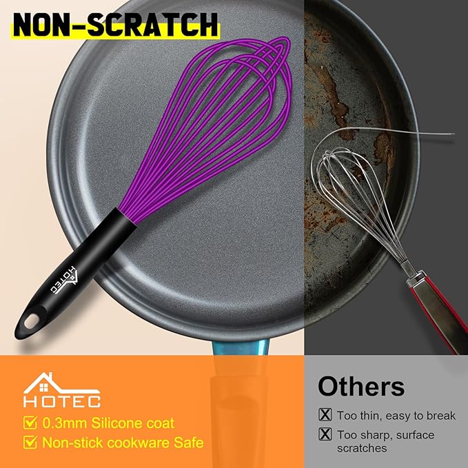 HOTEC 4 Pieces Silicone Whisks for Cooking, Wire Balloon Whisks Egg Beater, Non-slip Handle Whisk for Non-stick Cookware Perfect for Cooking, Stirring, Beating and Blending (Purple)