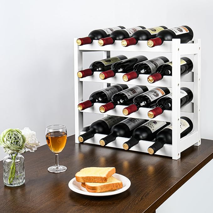 VASMIA Wine Rack, 4-Tier Bamboo Wine Racks Countertop,Sturdy and Durable Wine Storage Cabinet Shelf,16 Bottles Wine Holder for Kitchen Pantry, White