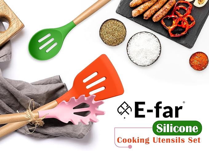 E-far Silicone Cooking Utensils Set, 10-Piece Kitchen Utensils Set with Wooden Handle for Nonstick Cookware, Heat Resistant Kitchen Nonstick Tools Spatula Whisk Ladle, Non-toxic & Healthy - Colorful