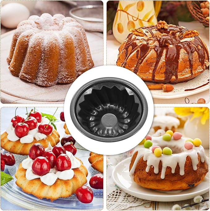 4 Inch Nonstick Mini Bundt Cake Pan Set, Carbon Steel Fluted Baking Molds for Cupcake, Muffin, Brownie, Pudding - Black (4 - Piece)