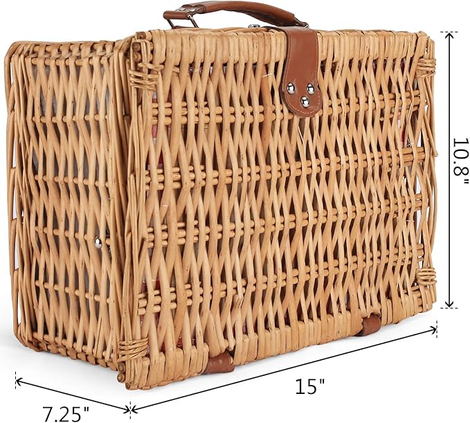 ZORMY Wicker Picnic Basket for 2 Person, Willow Hamper Basket Sets with Insulated Compartment, Handmade 2 Person Picnic Basket Classical Red Check with Utensils Cutlery Perfect for Picnic, Camping