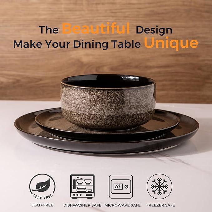 LERATIO Ceramic Dinner Plates Set of 6, 10.5 Inch Reactive Glaze Porcelain Plates, Modern Shape Dinnerware Dishes Set for Kitchen,Microwave&Dishwasher&Oven Safe, Scratch Resistant-Chestnut