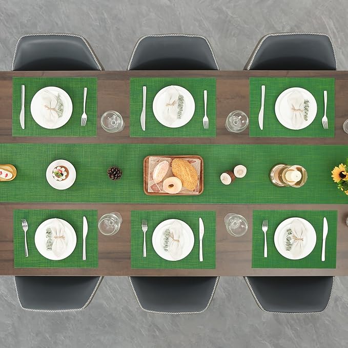 Myir JUN Placemats Set of 8, Vinyl Woven Placemats Place Mats Indoor Set of 8 Washable Table Mats Non-Slip Place mats for Dining Table (Dark Green, Set of 8)