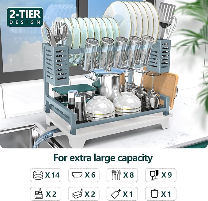 B-Land Dish Drying Rack, 2 Tier Dish Racks for Kitchen Counter, Large Dish Drying Rack with Drainboard & Utensil Holders, Rust-Proof Dish Drainers,Kitchen Organization