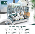 B-Land Dish Drying Rack, 2 Tier Dish Racks for Kitchen Counter, Large Dish Drying Rack with Drainboard & Utensil Holders, Rust-Proof Dish Drainers,Kitchen Organization