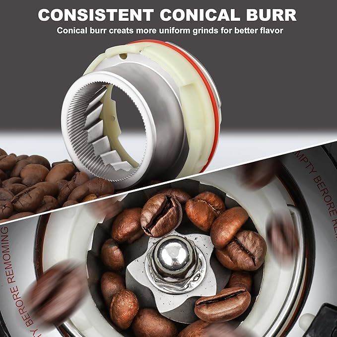 Conical Burr Espresso Coffee Grinder Electric, Coffee Bean Grinder for Home Use Upgraded 48 Grind Settings, 35s Precision Timer, Anti-Static for Pour Over/Drip/French Press, Stainless Steel Black