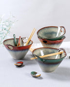 HENXFEN LEAD Japanese Ramen Noodle Bowl Set of 2-30 Oz Large Porcelain Salad Bowls with Chopsticks, Soup Spoons and Rests, Kitchen Serving Dishes for Pho, Udon - Reactive Red