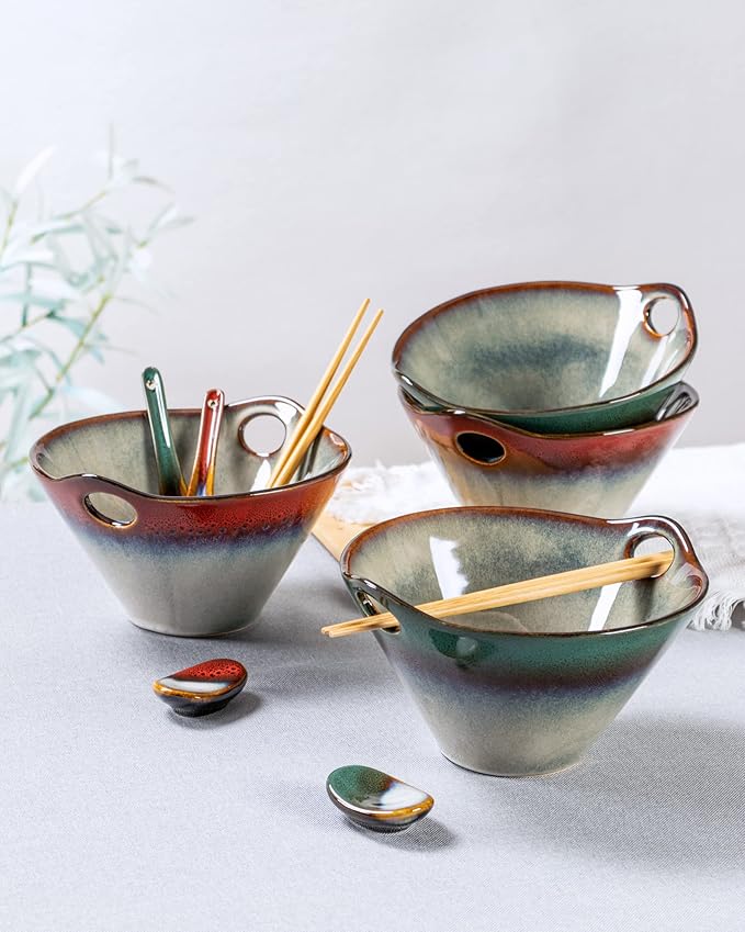HENXFEN LEAD Japanese Ramen Noodle Bowl Set of 2-30 Oz Large Porcelain Salad Bowls with Chopsticks, Soup Spoons and Rests, Kitchen Serving Dishes for Pho, Udon - Reactive Red