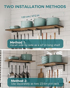 OROPY 2 Pack Wooden 23.6'' Pot Pan Hanging Rack Wall Mounted with 10 S Hooks, Set of 2 Large Pot Wall Holder Kitchen Shelves for Utensils, Cookware