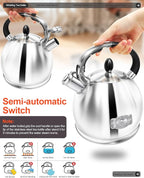 Whistling Tea Kettle for Stovetop, (2.64 Quart-Mirror） Food Grade Stainless Steel Teapot of 5-layer base