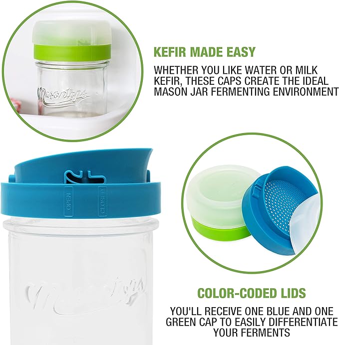 Masontops Kefir Caps - Wide Mouth Mason Jar Lids - Water Kefir Grains Strainer Mason Jar Kefir Jar - Home Water Kefir Starter Kit Kefir Fermenter Container - 4 Pack
