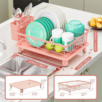 Dish Drying Rack, Space-Saving Dish Rack, Dish Racks for Kitchen Counter, Kitchen Dish Drainers with Removable Utensil Holder,Plate Rack and Drainboard, 11''W x 15''L, Pink